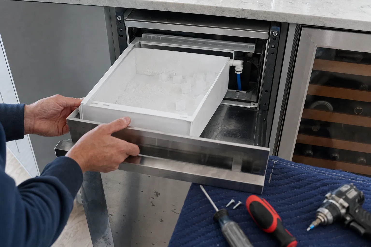 Hands sliding out the ice drawer of an undercounter ice maker, a glass-door wine cabinet beside it and tools laid out