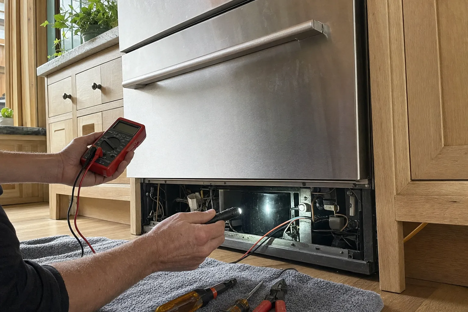 Multimeter probe reaching into the open service bay beneath a stainless undercounter drawer unit in a wood kitchen