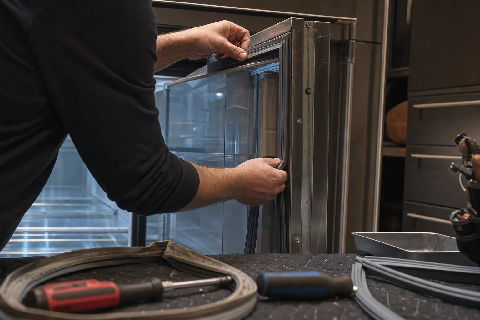 Hands working a new gasket into the frame of a glass-door refrigerator, the old gasket coiled on a quilted pad with two screwdrivers
