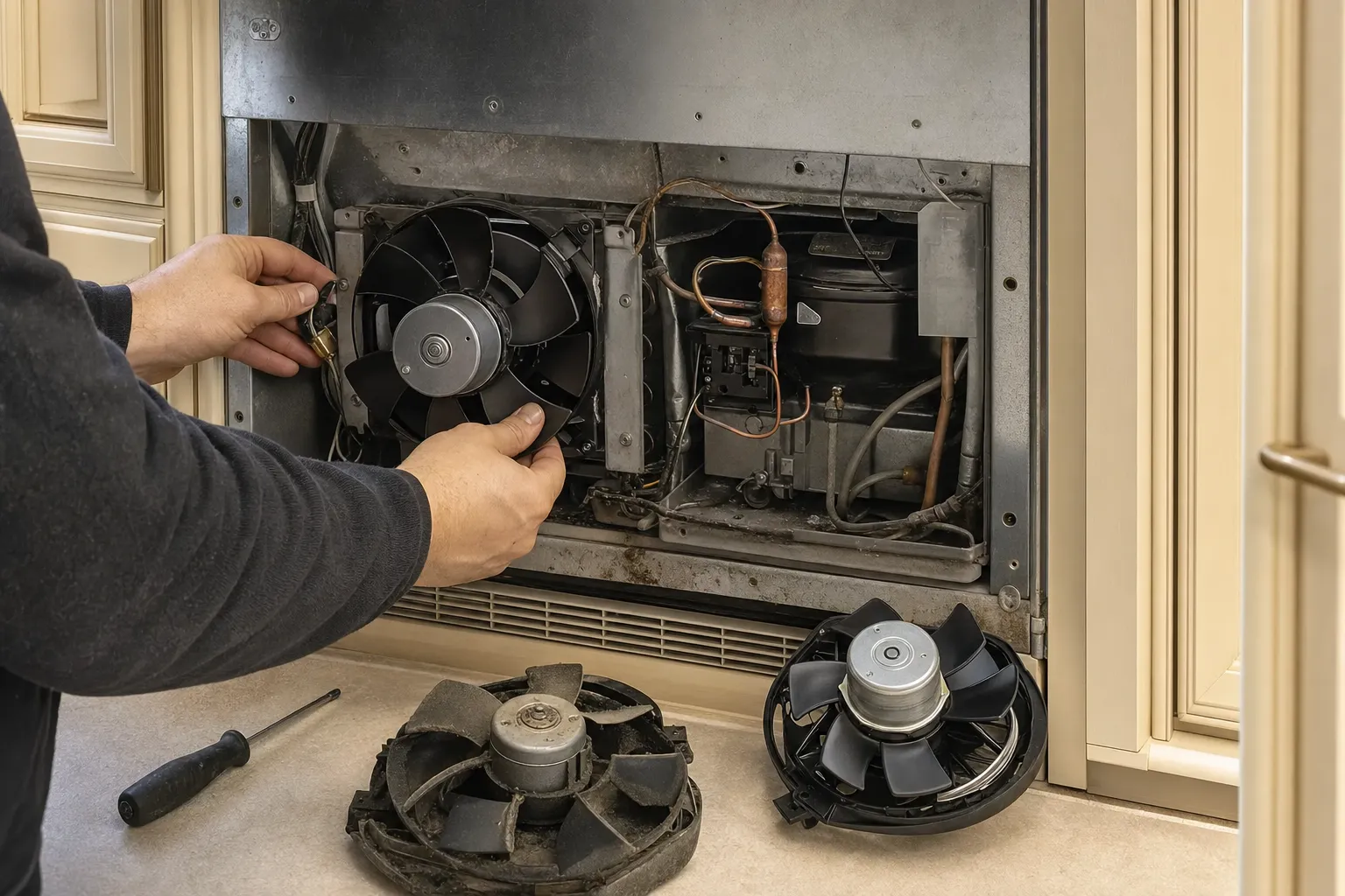 Hands lifting a fan out of an open machine compartment beside the compressor, a dust-caked old fan and a clean new one on the floor
