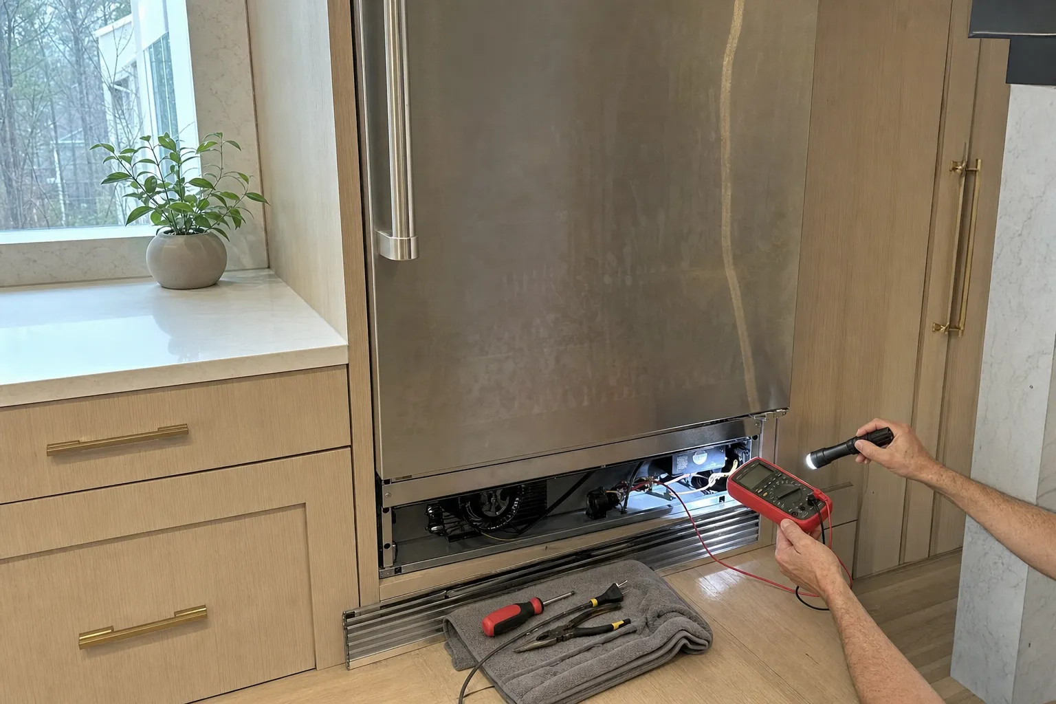 Stainless built-in refrigerator with its base grille taken off and laid on the floor, hands holding a multimeter and a flashlight at the machine compartment