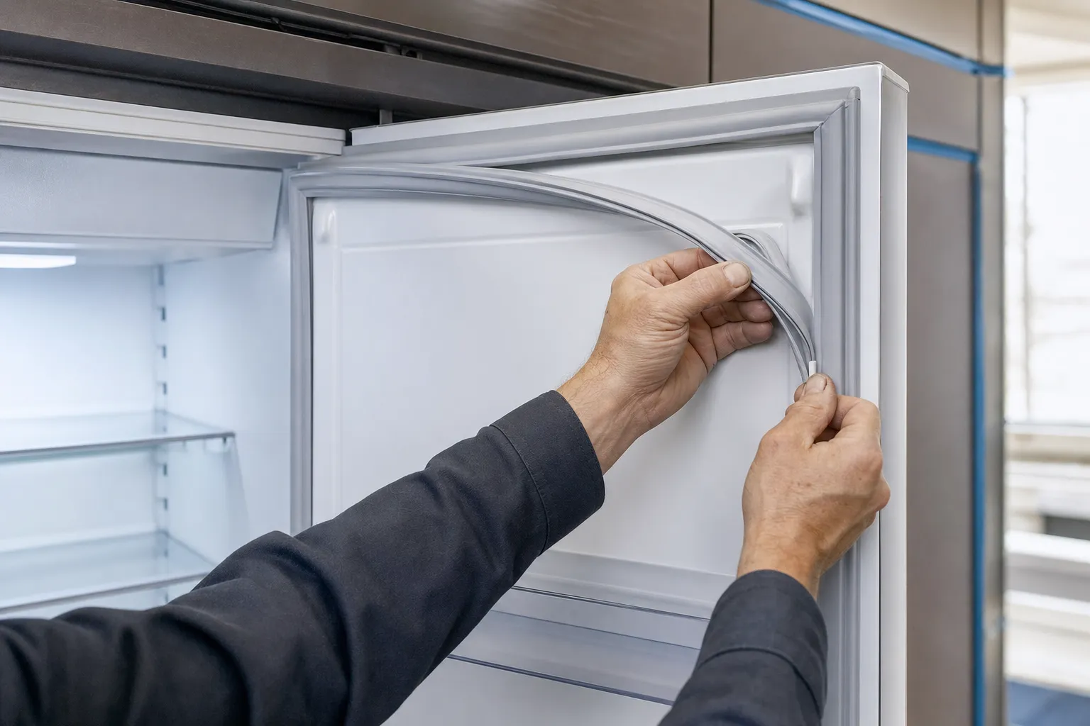 Hands fitting a new white gasket around the inner door of an empty refrigerator, the glass shelves lit inside