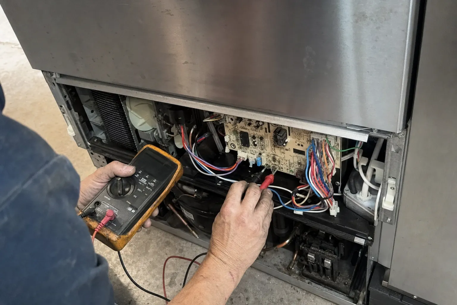 Meter leads on the terminals of an exposed control board in the lower compartment of a stainless unit, a condenser coil and fan to the left